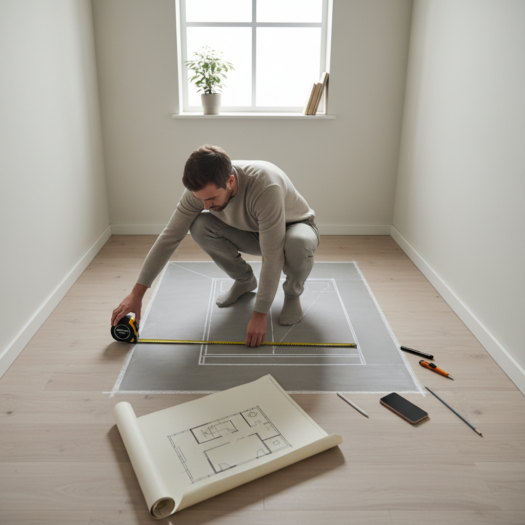 Measuring a small bedroom for a queen mattress with tape measure and floor plan