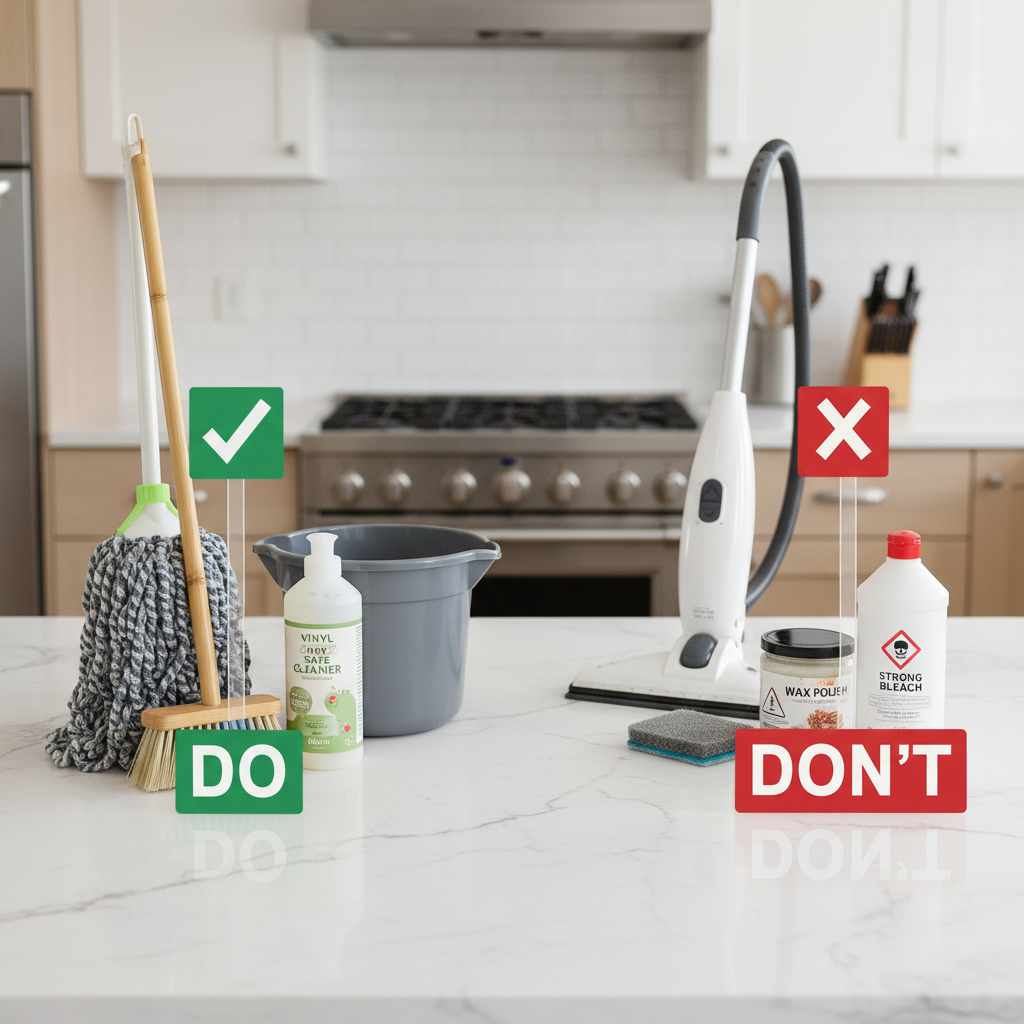Do and don’t cleaning products for vinyl floors laid out on a counter
