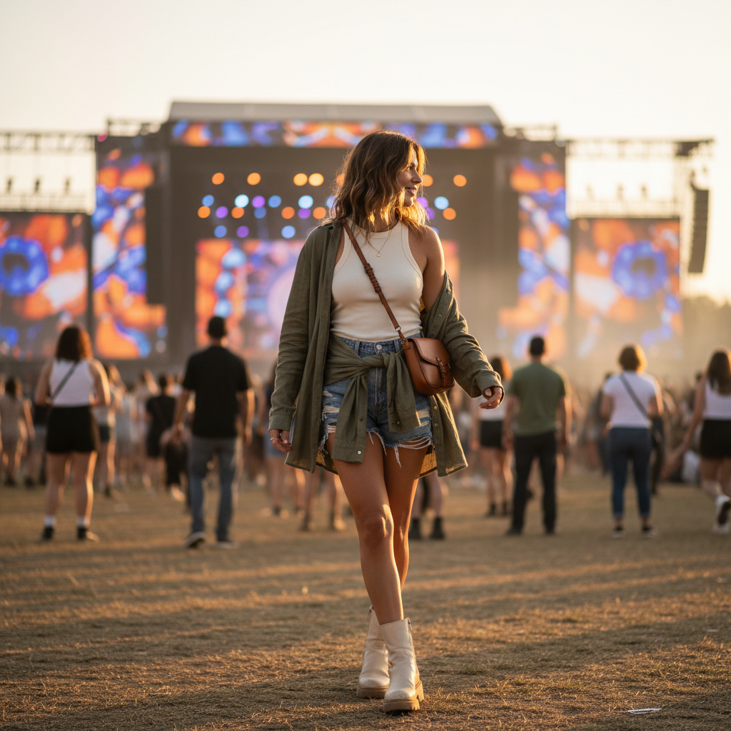 Outdoor concert outfit layering with light jacket and comfortable shoes at sunset