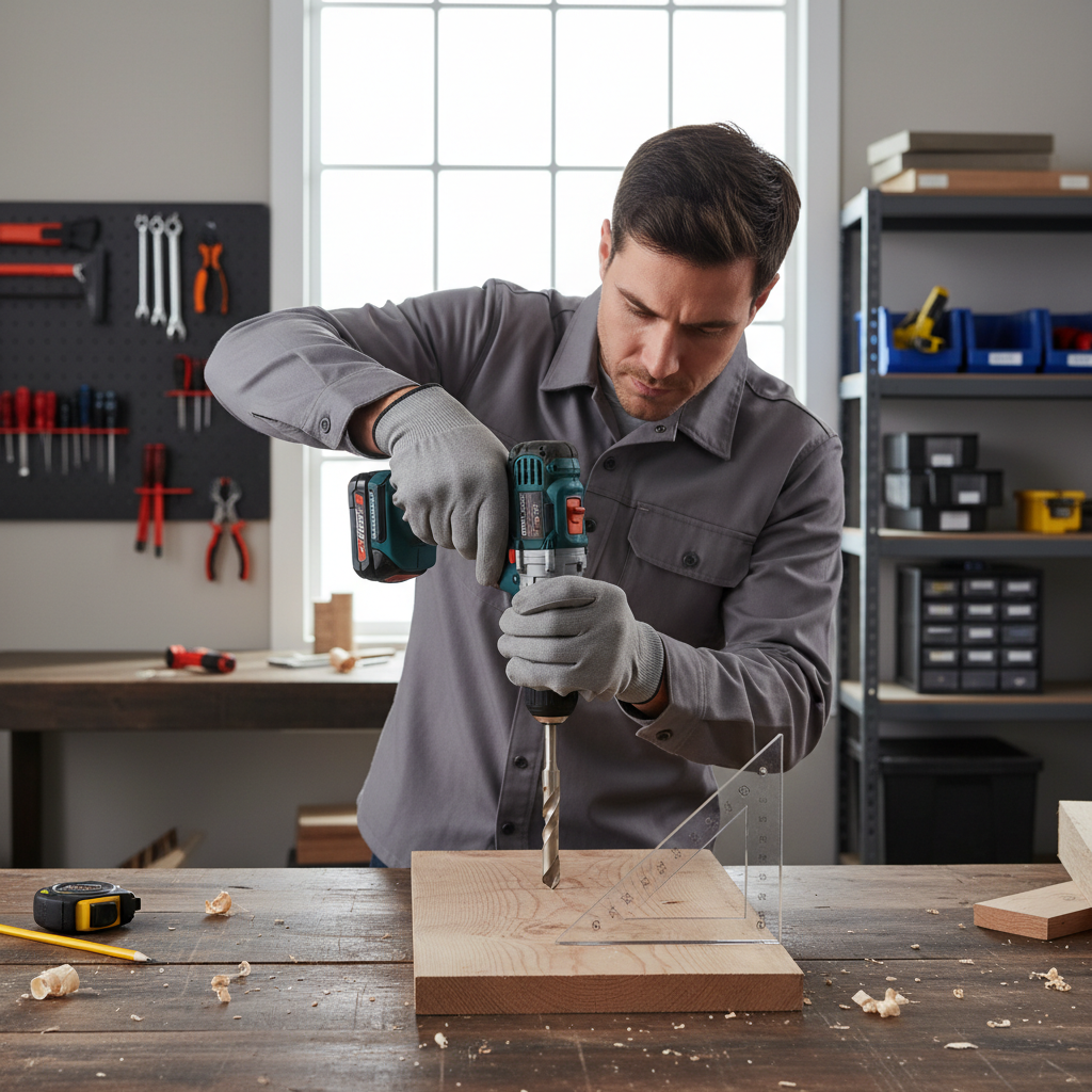 Correct drilling angle with spade bit held square to the wood surface