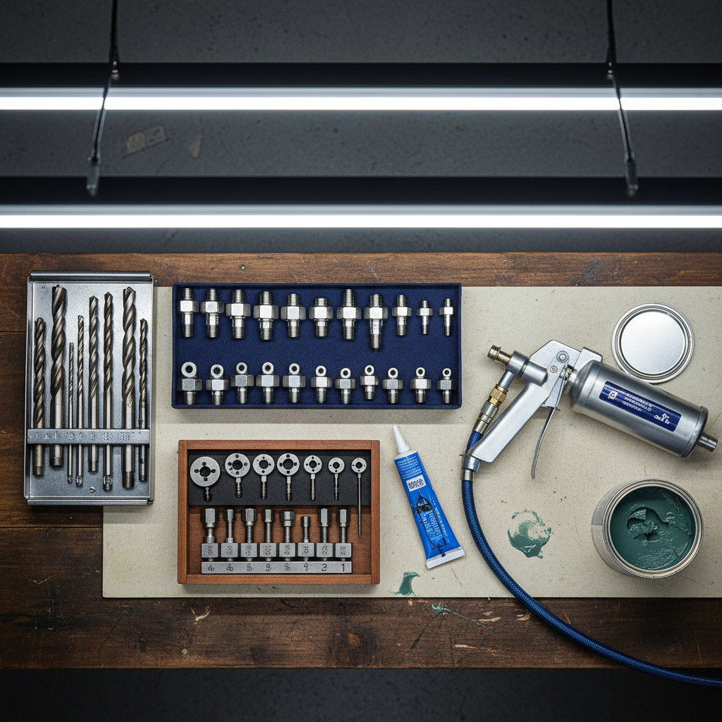 Grease fitting parts laid out for installation on a tool