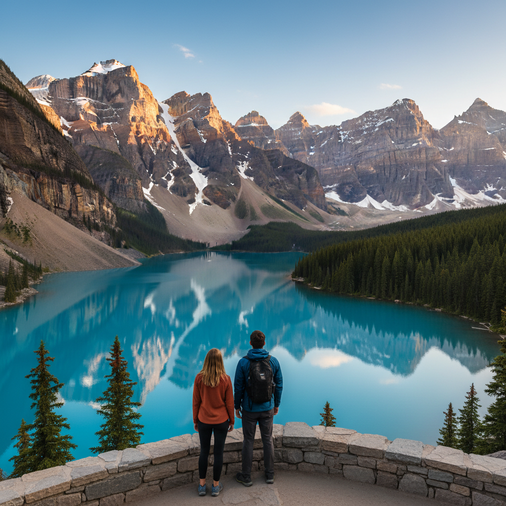 Scenic Canadian Rockies viewpoint near Banff with travelers overlooking turquoise lake
