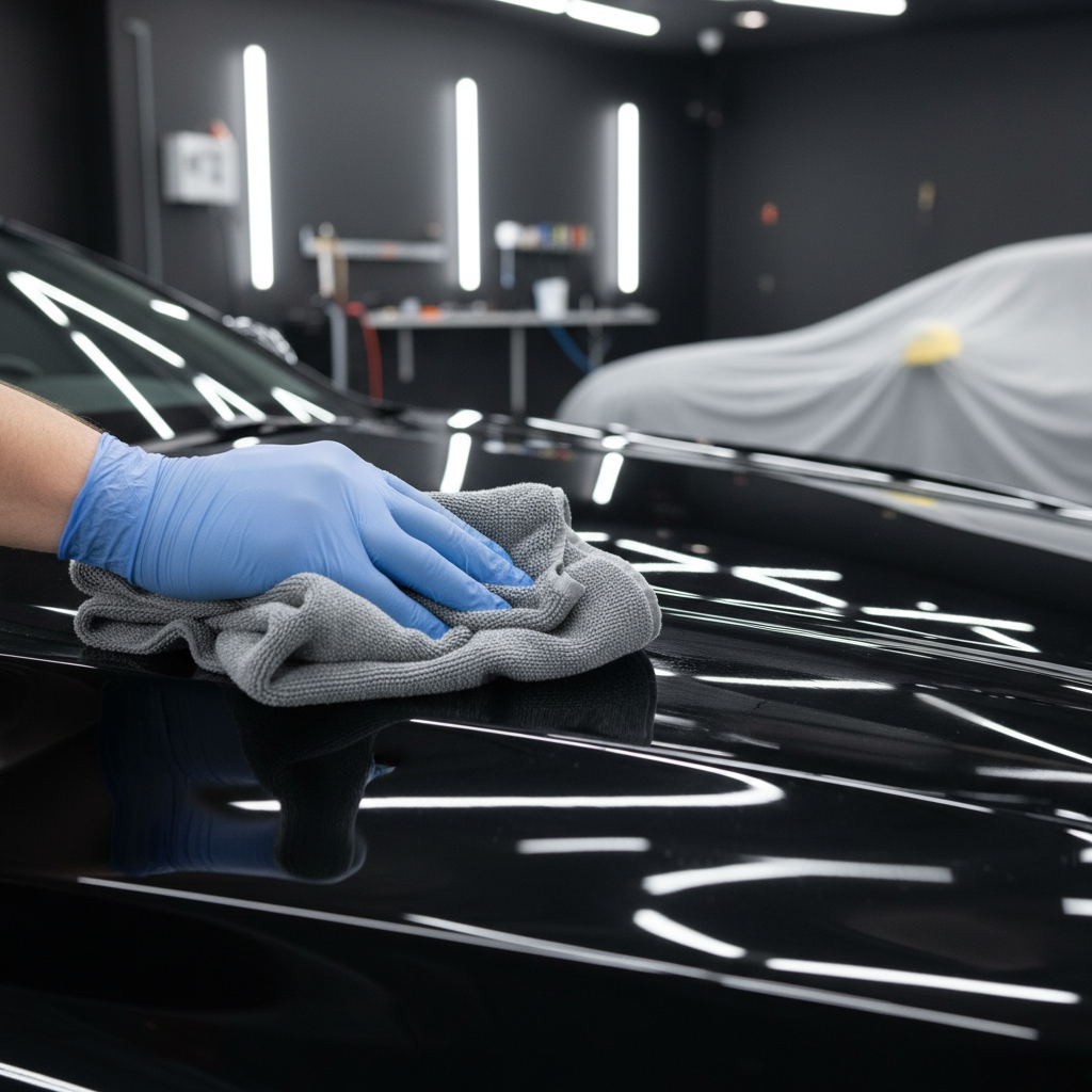 Buffing off spray wax on black paint to remove streaks