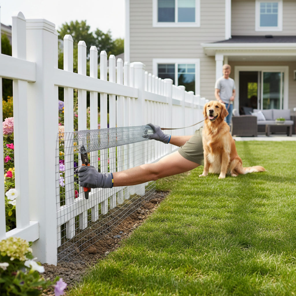 Backyard fence reinforced with buried wire mesh to prevent dogs from digging under