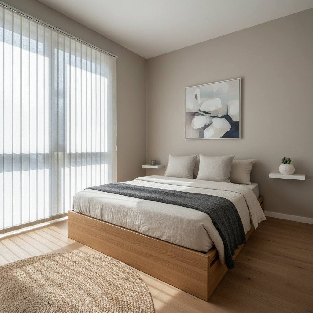 Small bedroom with low ceiling styled with light walls and low-profile furniture