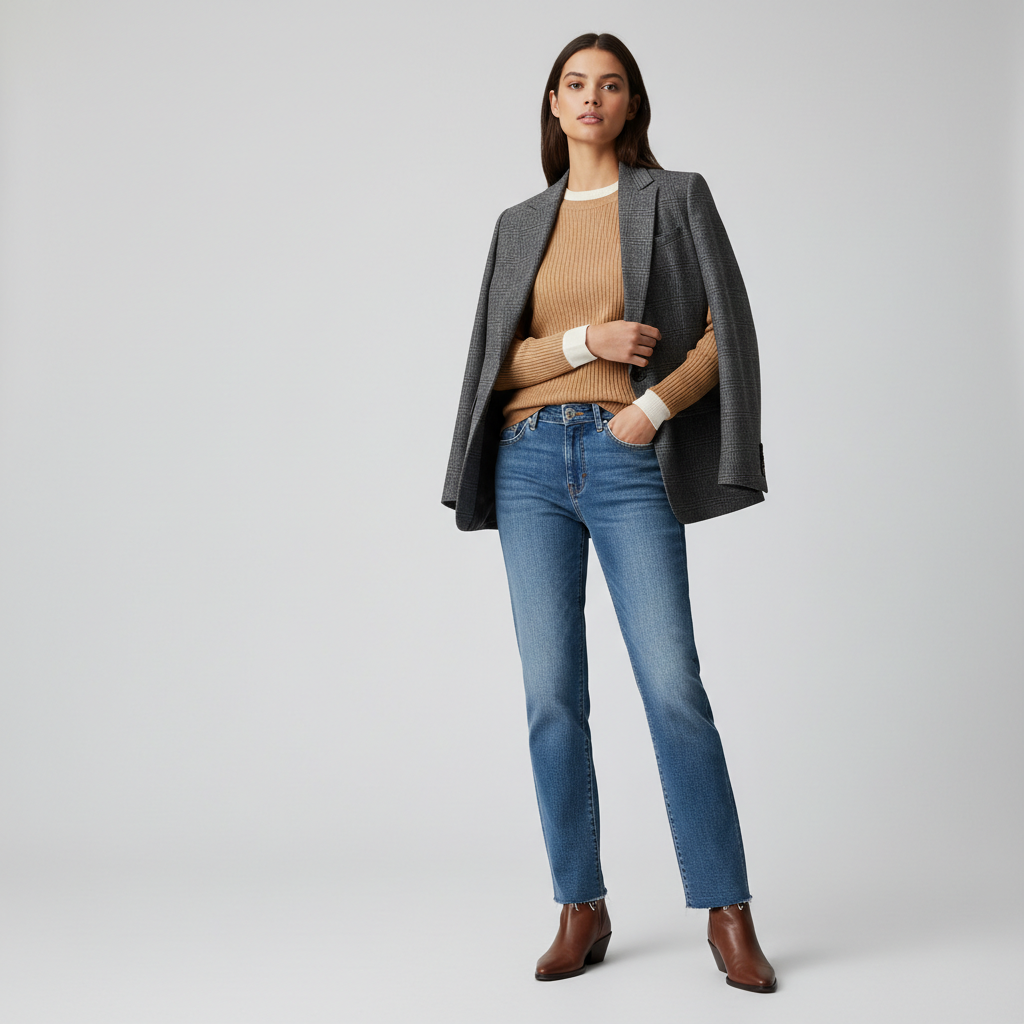 Fall layering proportions with blazer sweater and fitted base top