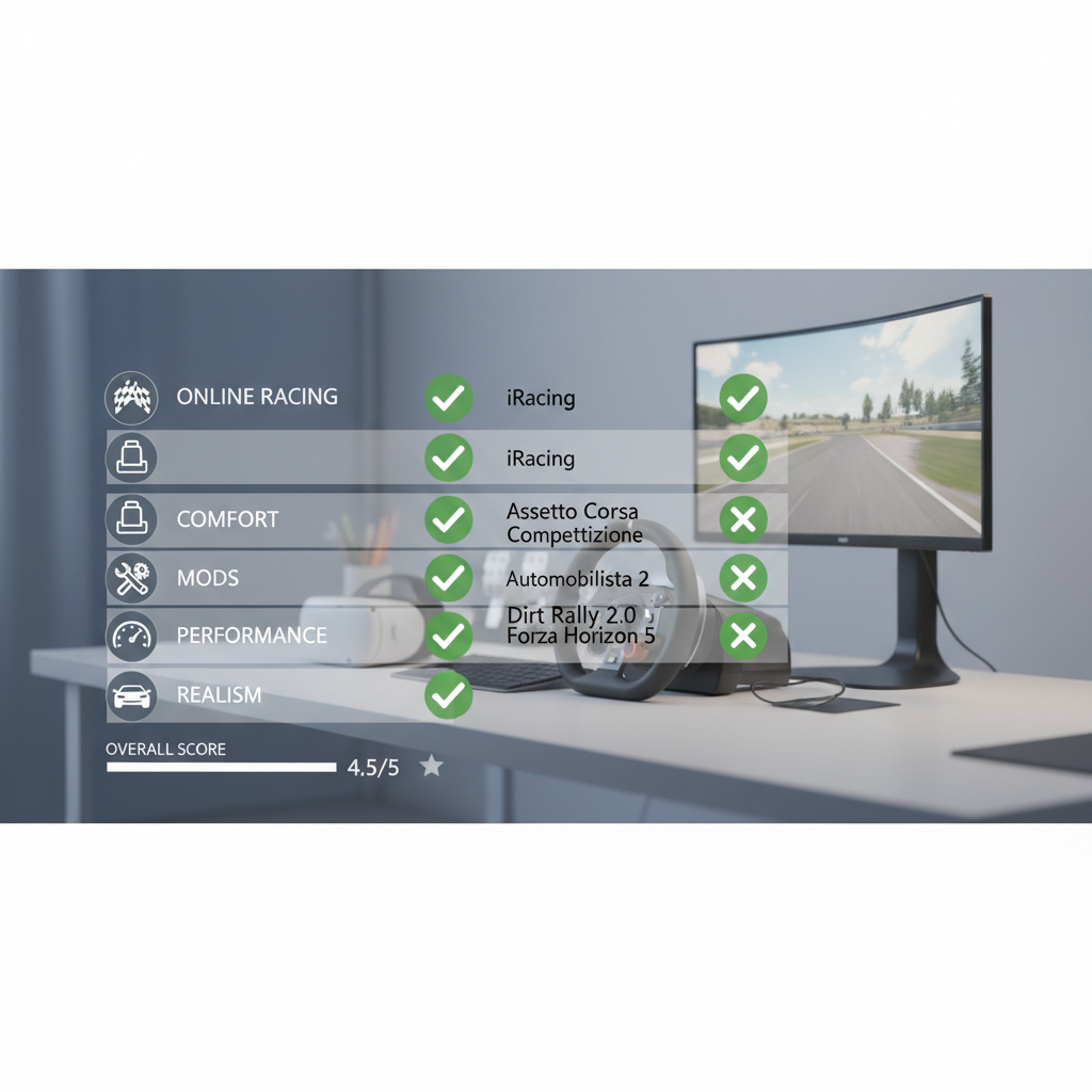 Comparison view of VR driving sims with checklists for online racing comfort mods and performance