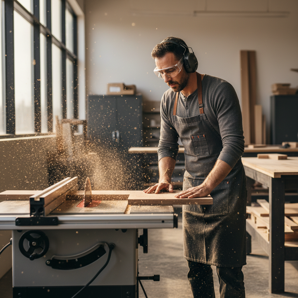 Woodworker wearing safety glasses at a table saw with dust in the air