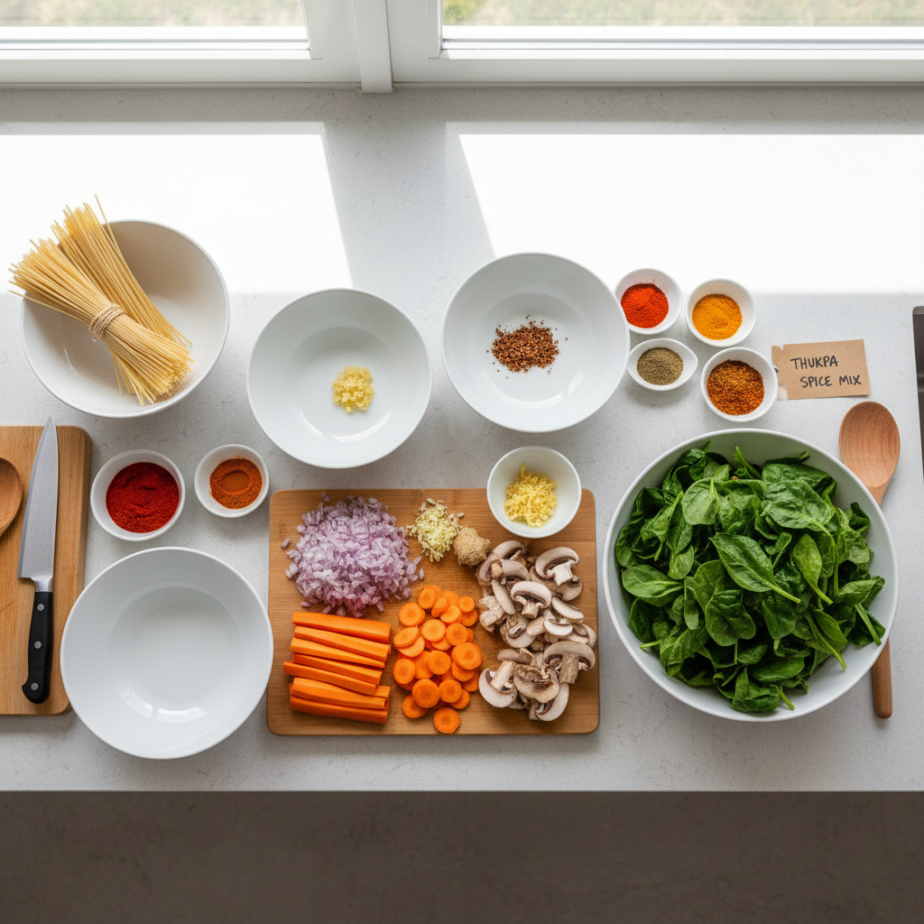 Thukpa soup mise en place with chopped onion ginger garlic noodles and vegetables