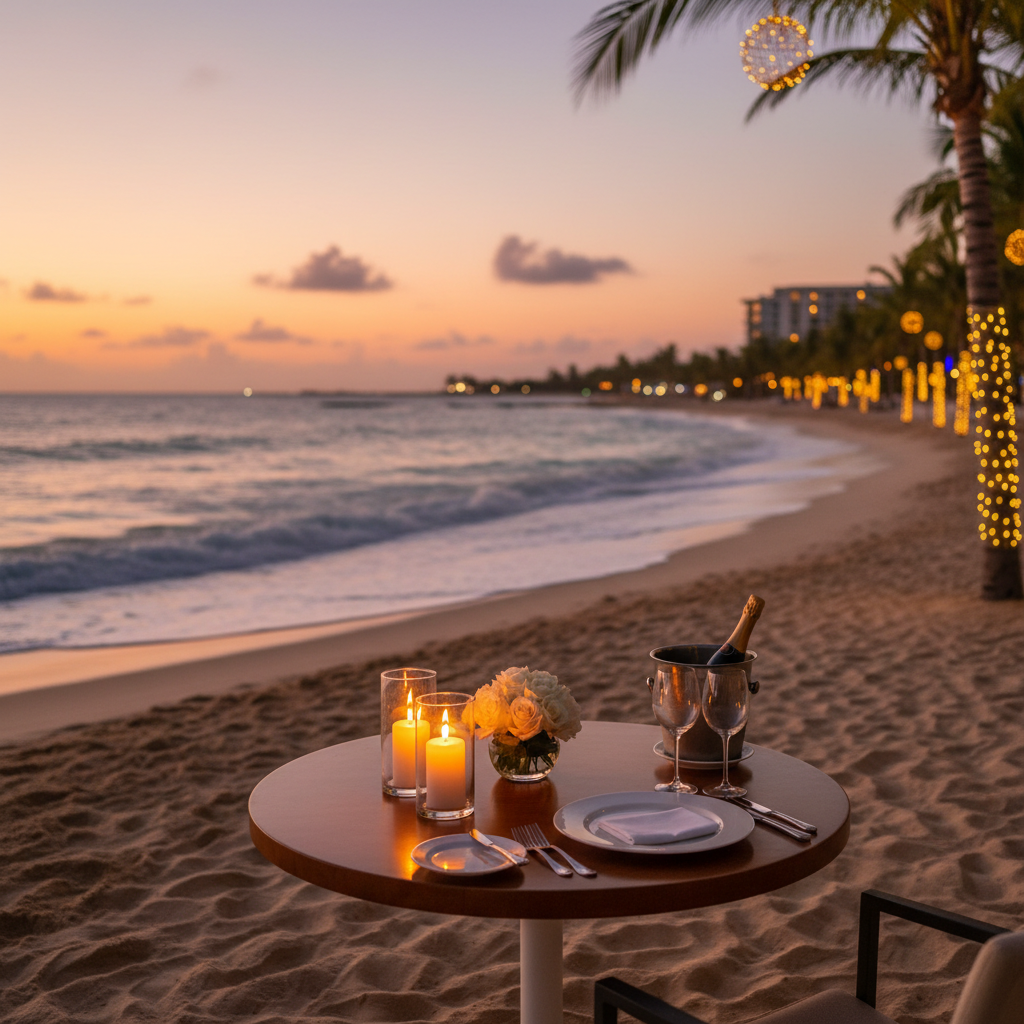 Romantic beachfront dinner setup at an all-inclusive resort for couples