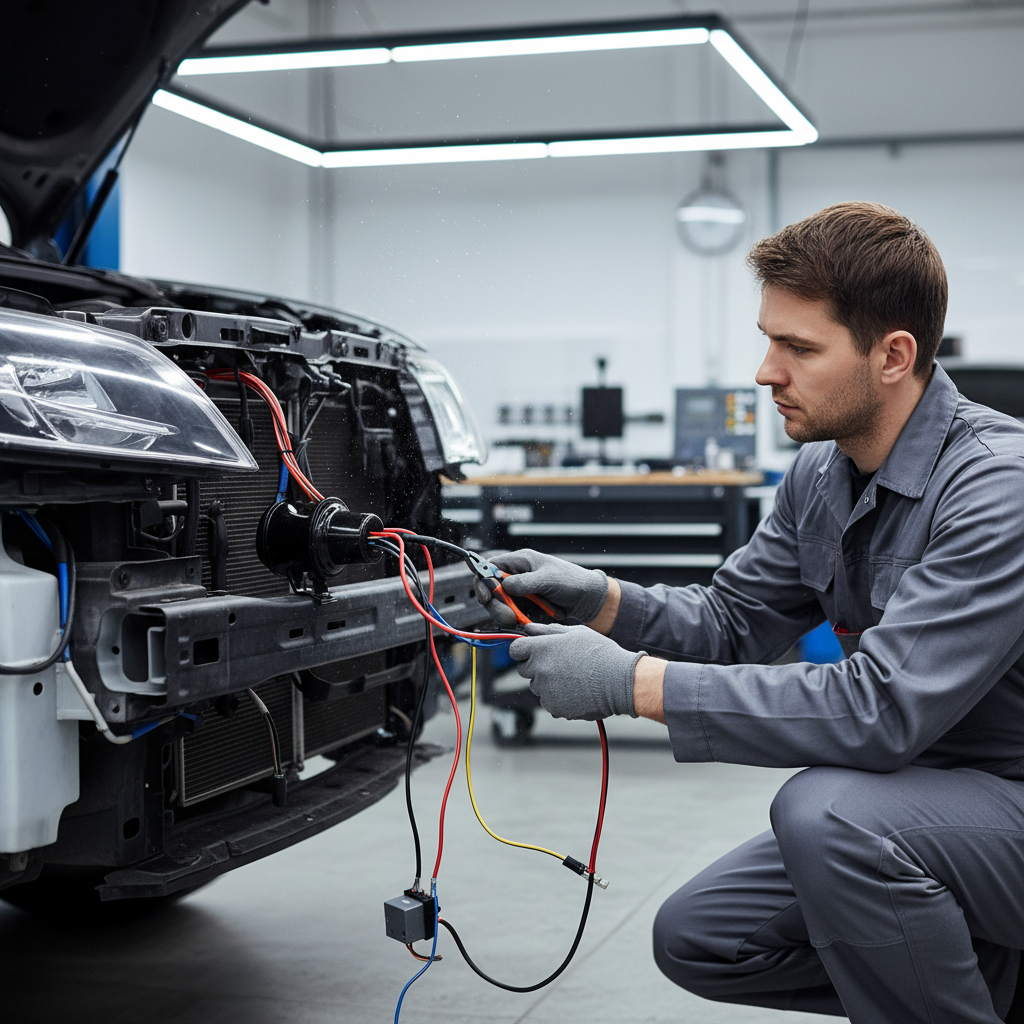 Mechanic installing a 12V car horn relay and mounting bracket