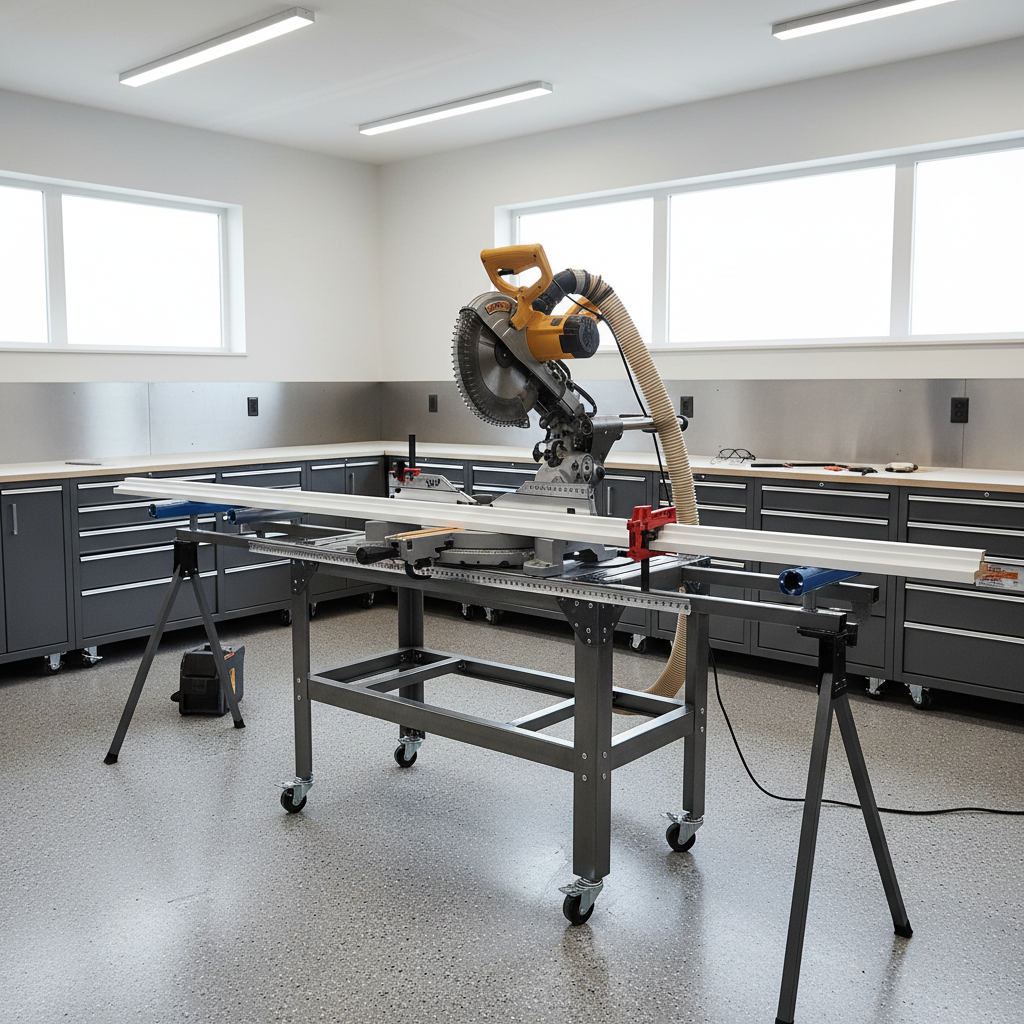 Miter saw station setup with long trim support and dust collection