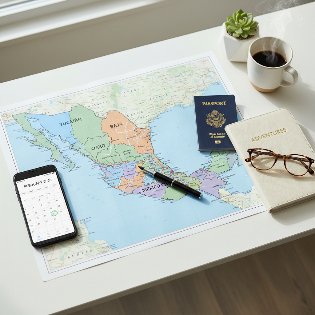 Mexico travel planning map with regions and routes for 2026