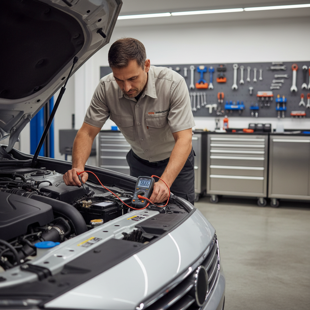 Mechanic testing car battery and alternator charging voltage with a multimeter