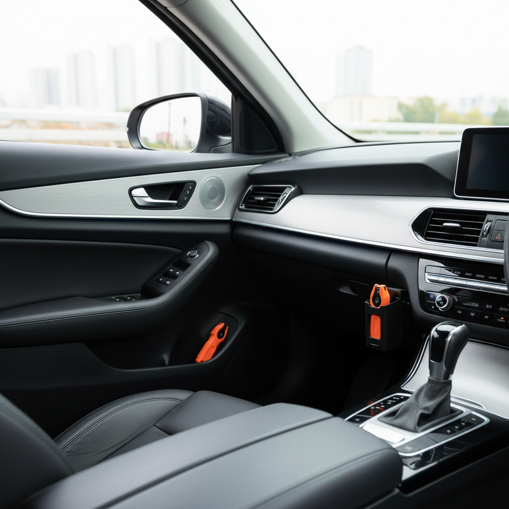 Car emergency escape tool stored in a door pocket and another mounted near the center console for quick access