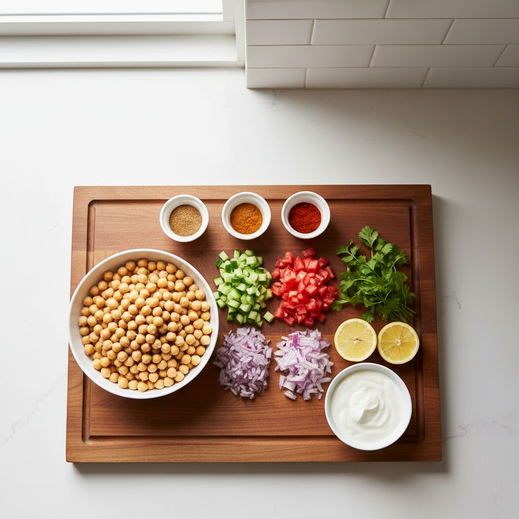 Ingredient prep for healthy chana chaat including chopped vegetables and measured spices
