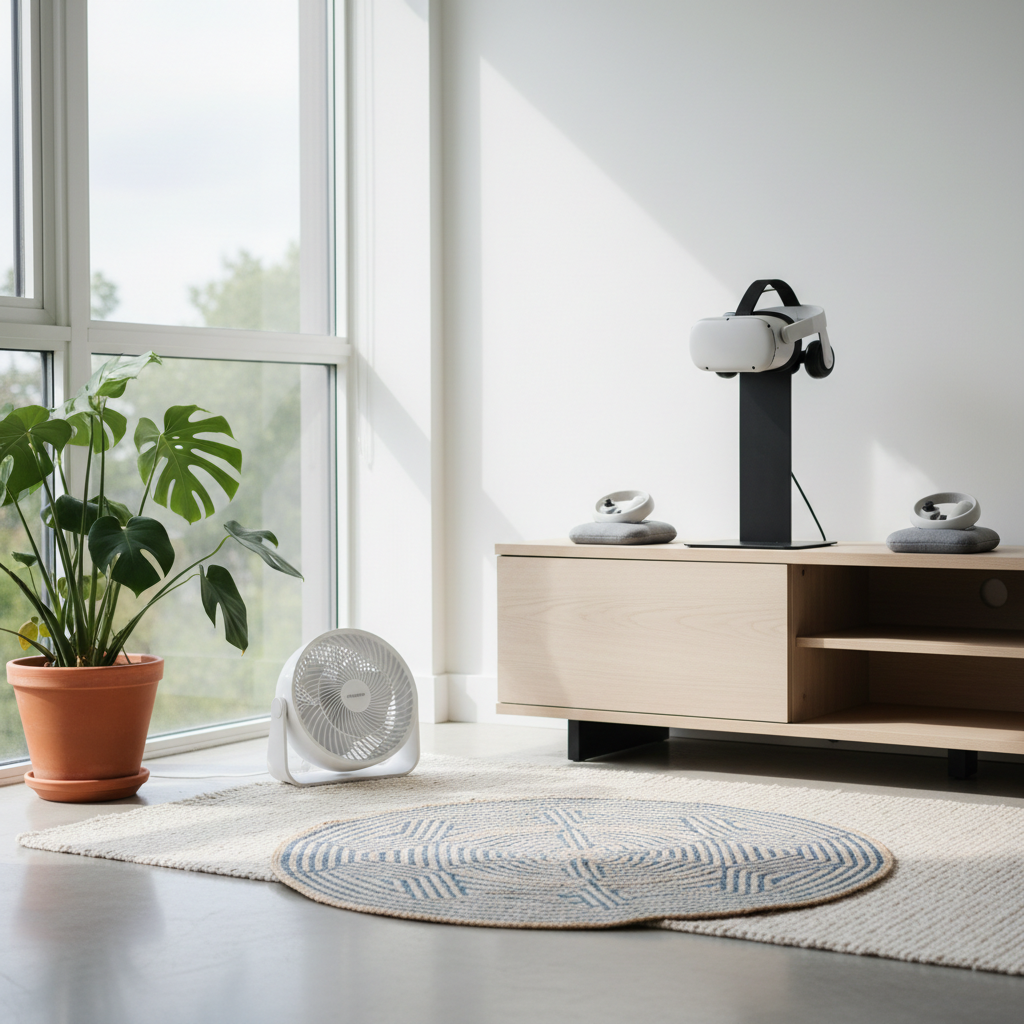 Clean VR play area with a small fan, boundary mat, and headset on a stand
