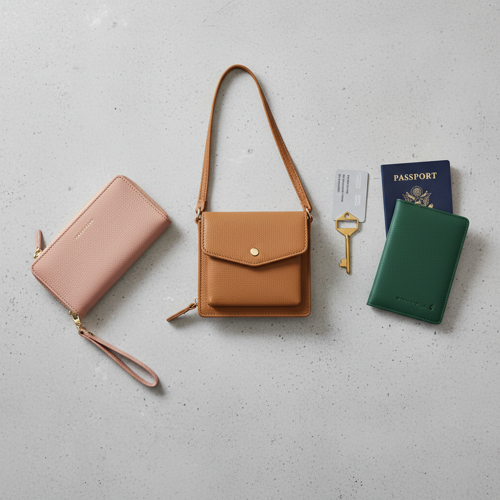 Comparison of women’s RFID travel wallet styles: wristlet, crossbody, and slim passport holder