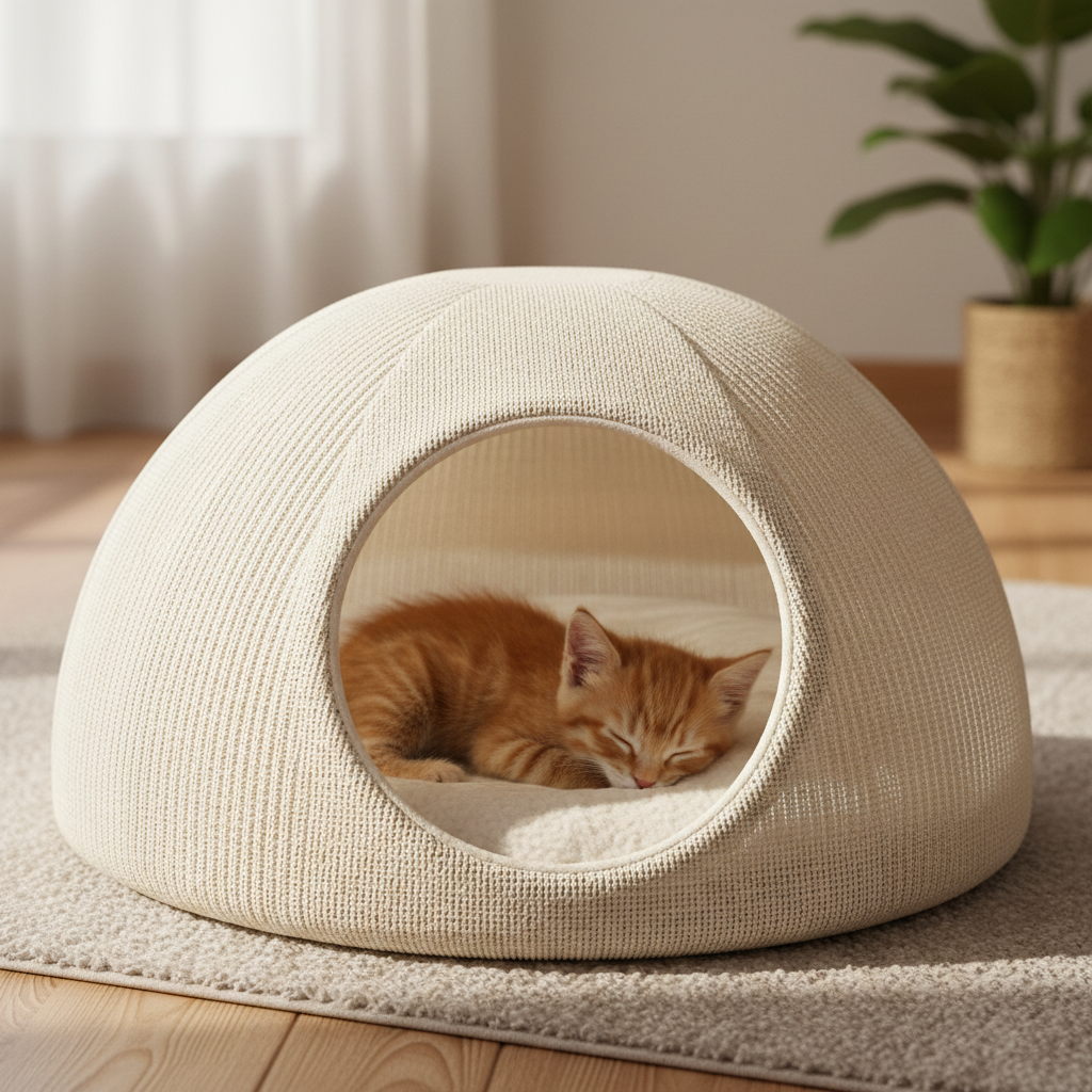 Kitten sleeping inside a breathable covered cave bed with soft lighting