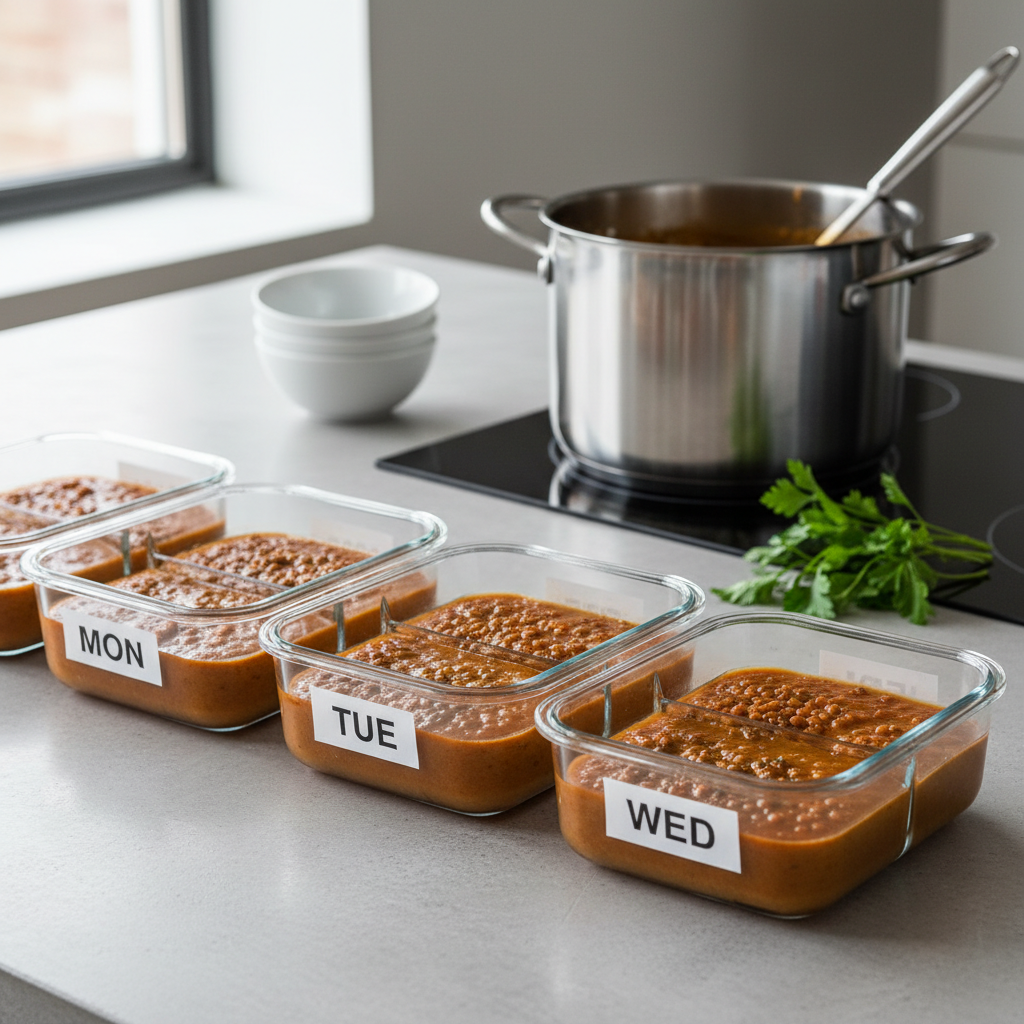 Meal prep containers filled with vegan lentil soup for the week