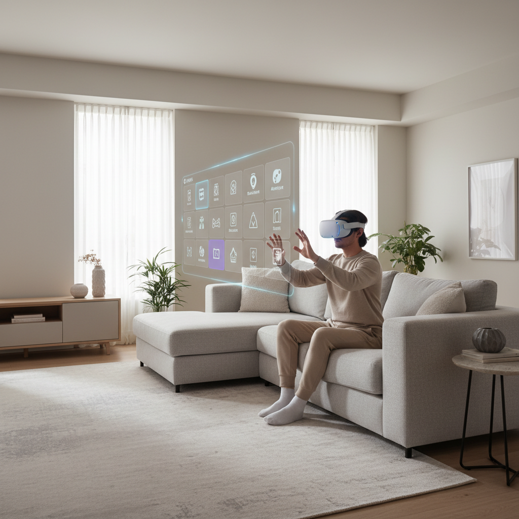 Meta Quest VR player browsing Meta Store game library in a living room