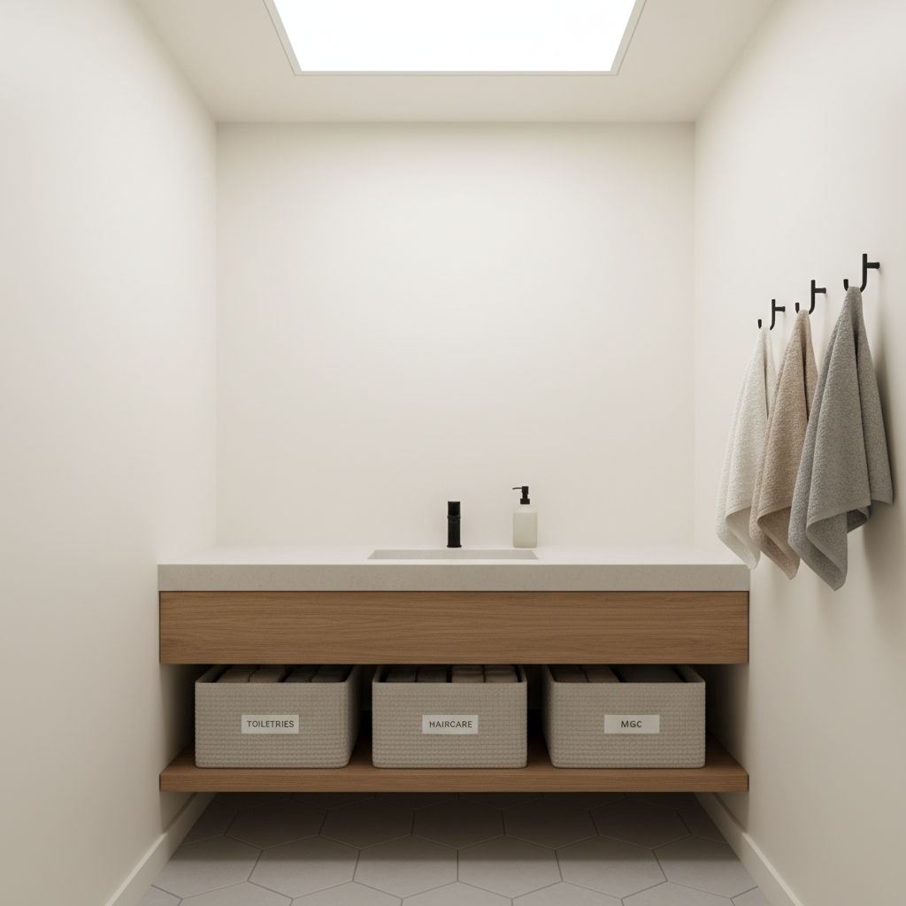 Weekend tiny bathroom reset with decluttered countertop, labeled bins, and wall hooks