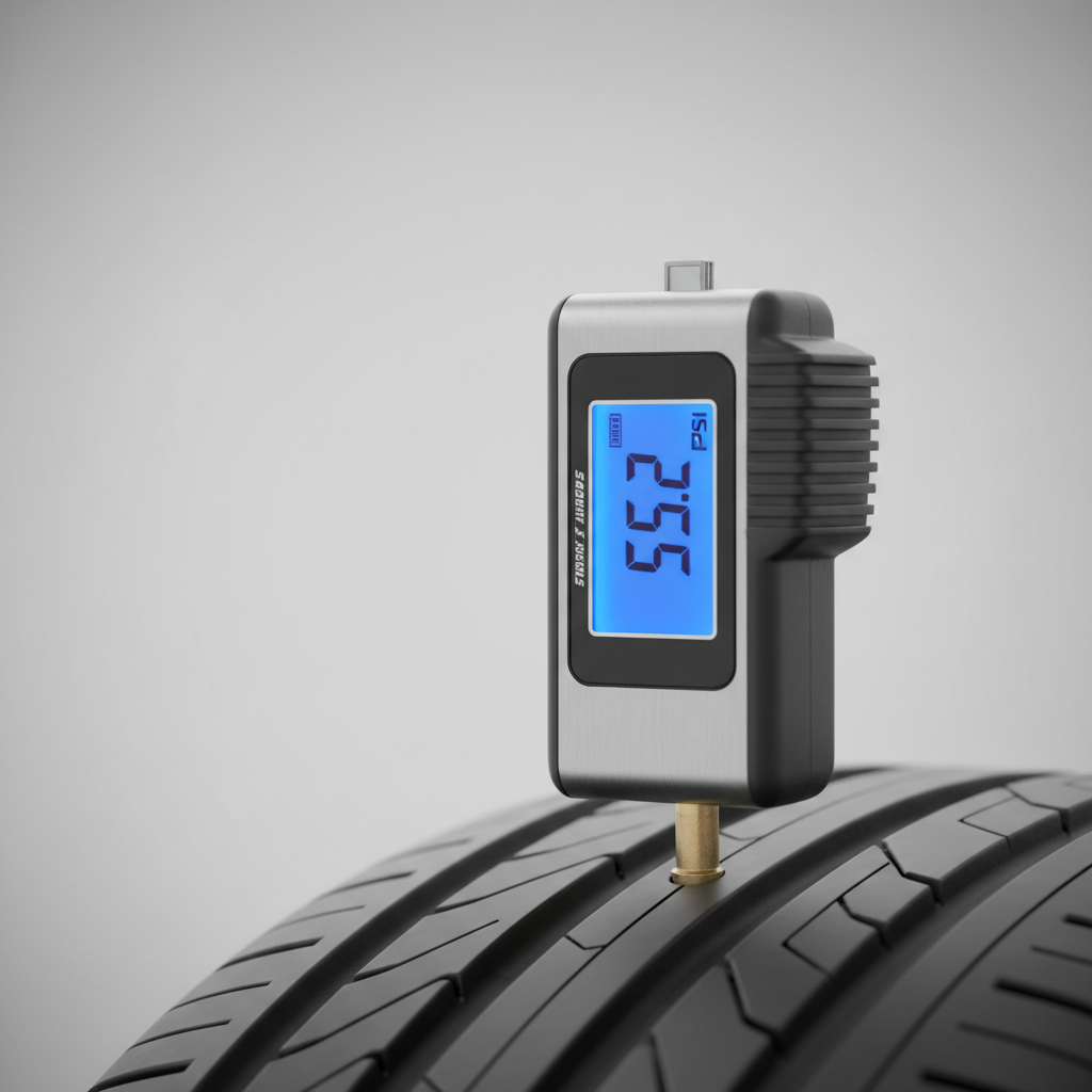 Close-up of a digital tire pressure gauge LCD reading with tire valve stem in focus