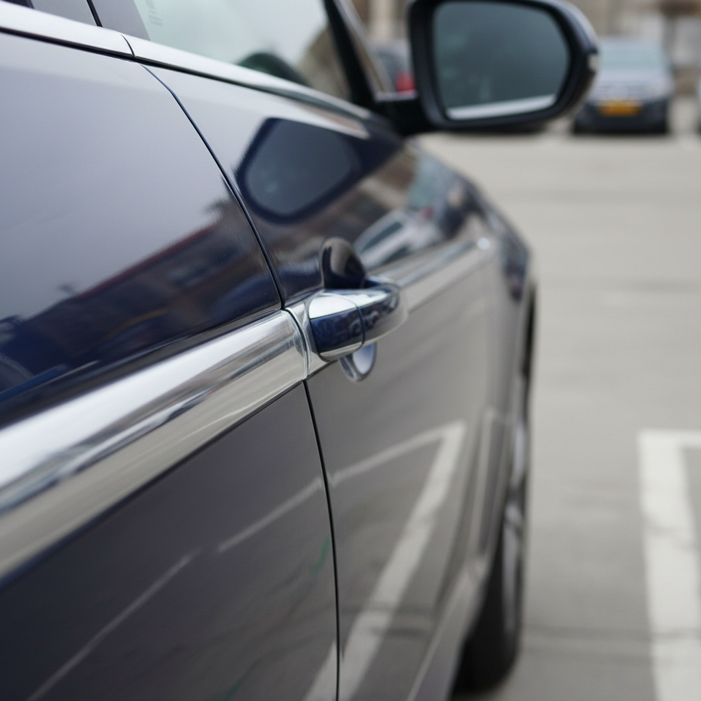 Car door edge with a clear edge guard installed to prevent paint chips