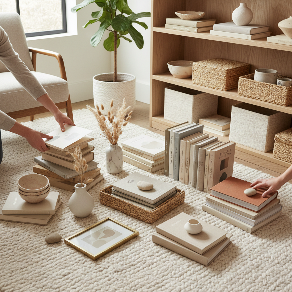 Hands organizing books and decor items into groups on a floor before styling a bookshelf