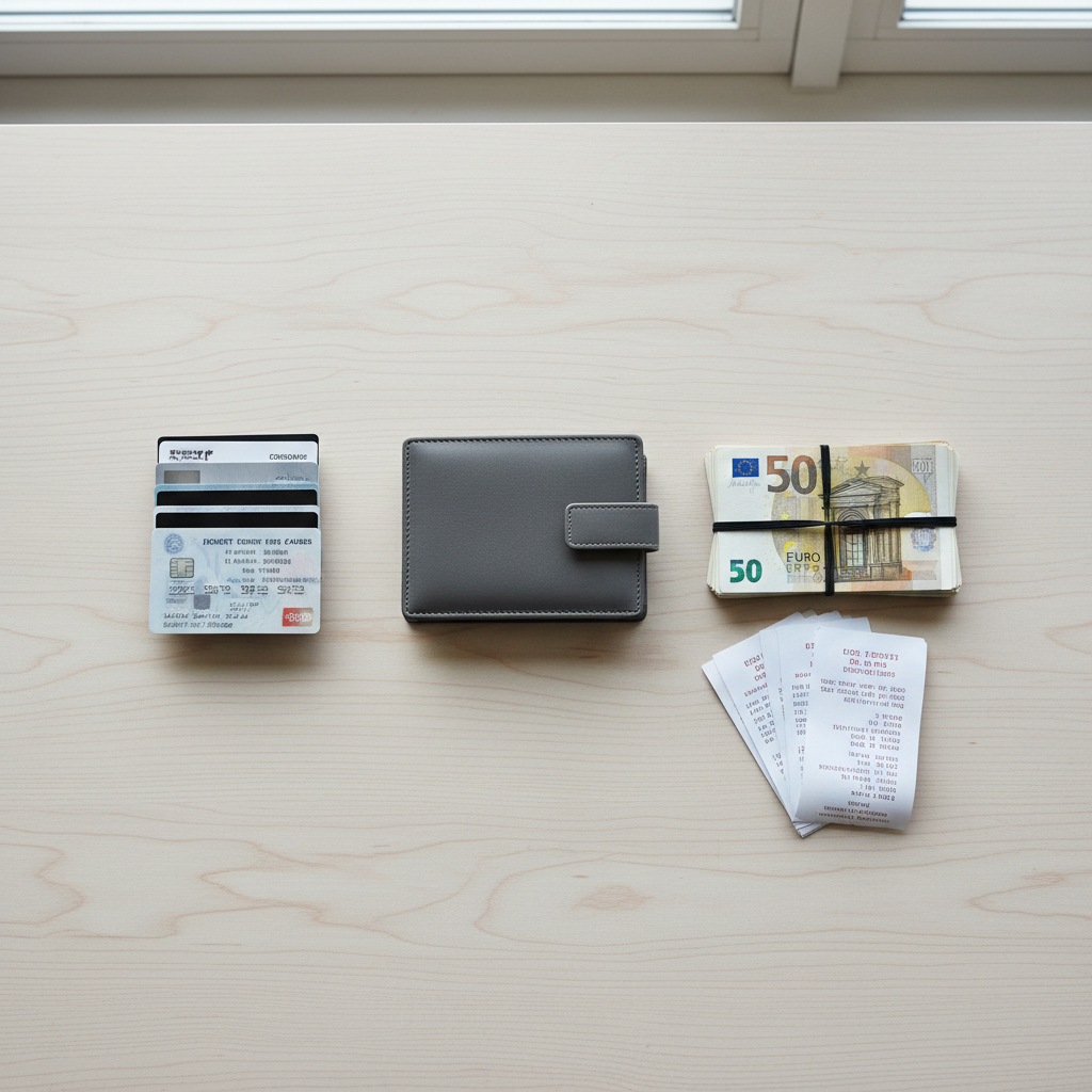 An organized wallet layout with cards, cash, and receipts sorted into neat piles
