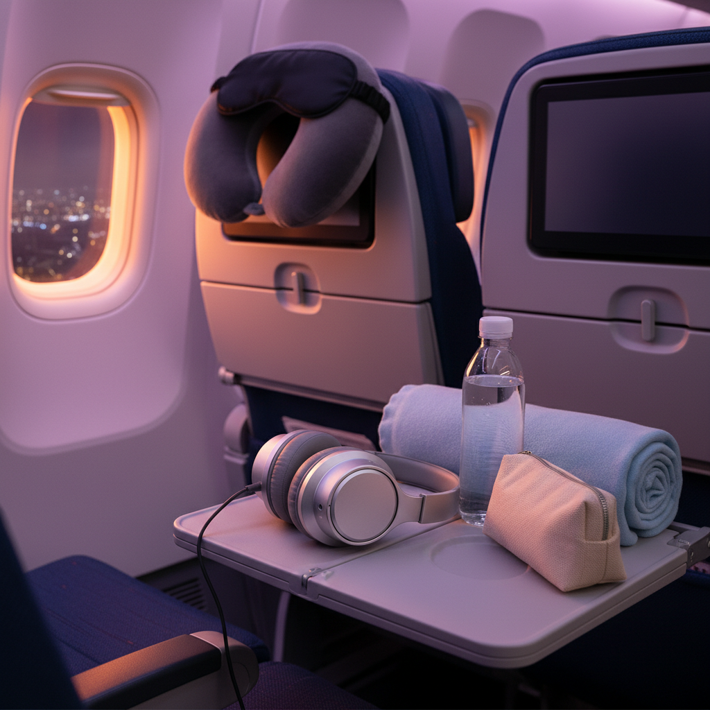 Long haul flight seat setup with neck pillow, water bottle, and eye mask