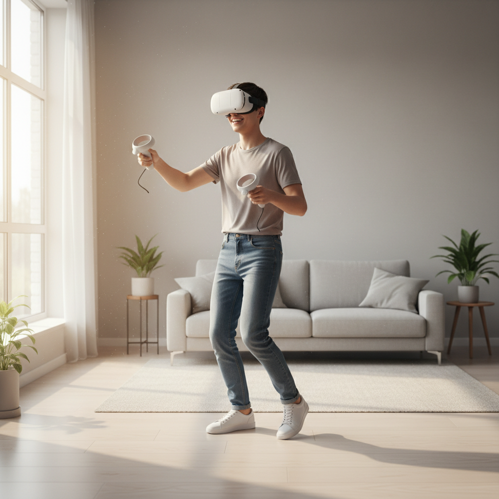 Person dancing in a VR headset in a small living room with cleared space