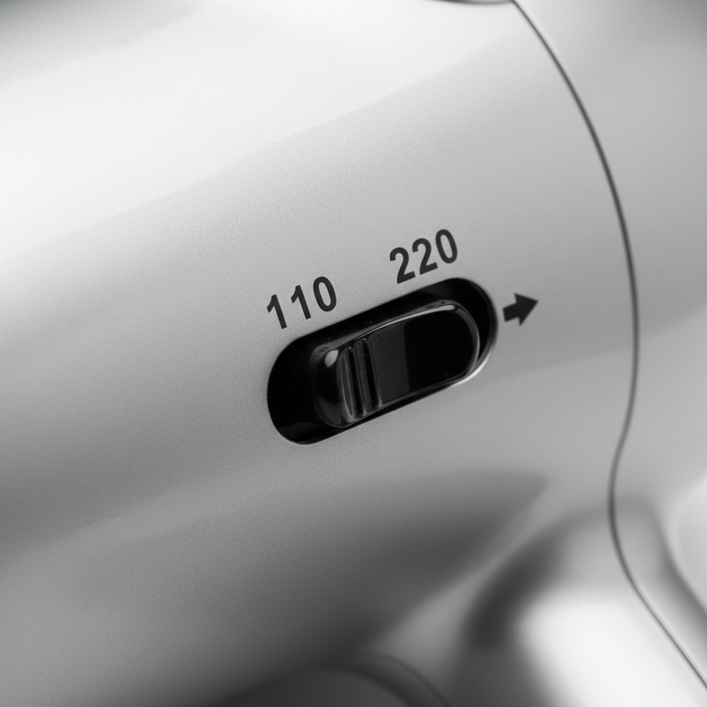 Close-up of dual voltage switch on a compact travel hair dryer