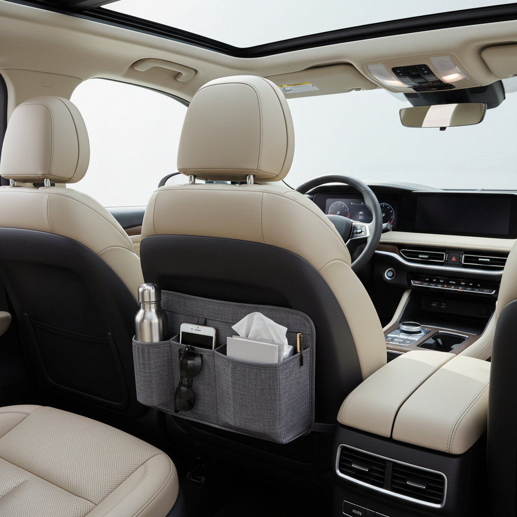 Front seat car organizer setup between driver and passenger seats with essentials