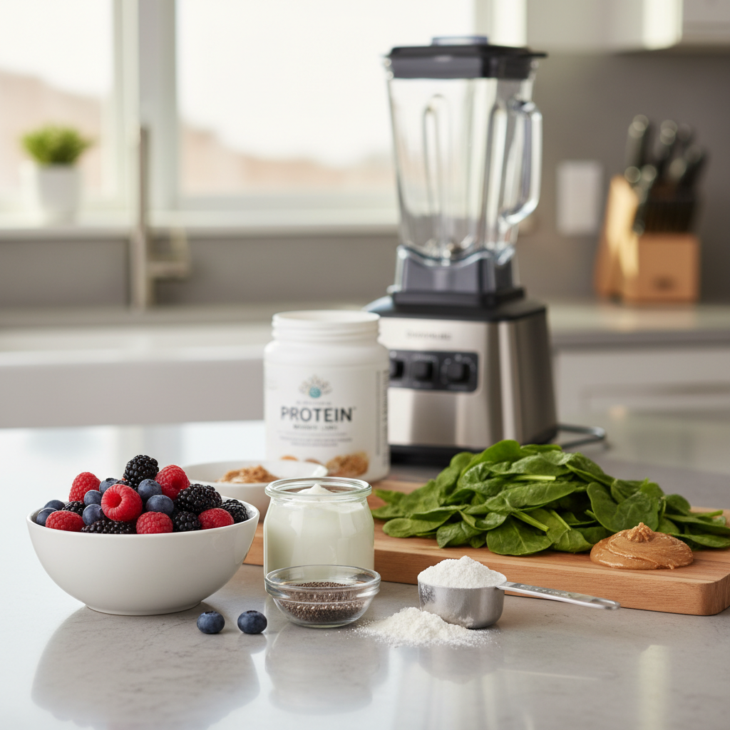 Balanced smoothie ingredients for weight loss: protein, fiber, and healthy fats on a kitchen counter