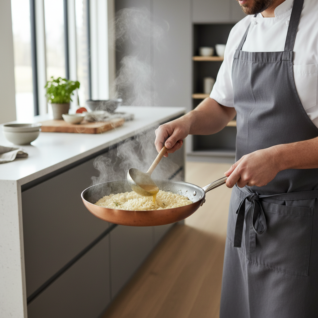 Ladling hot broth into risotto while stirring in a wide pan