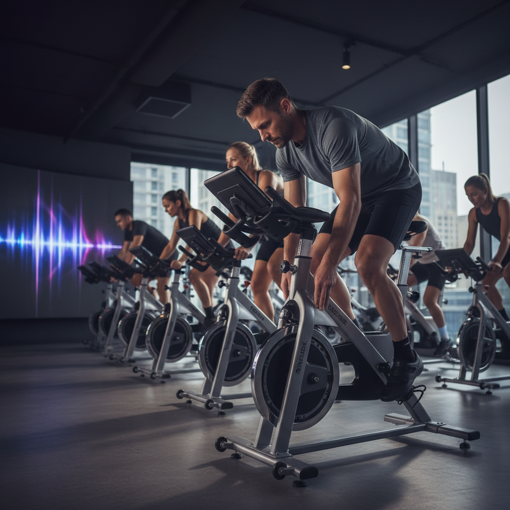 Spin class cyclist clipping into pedals with cycling shoes