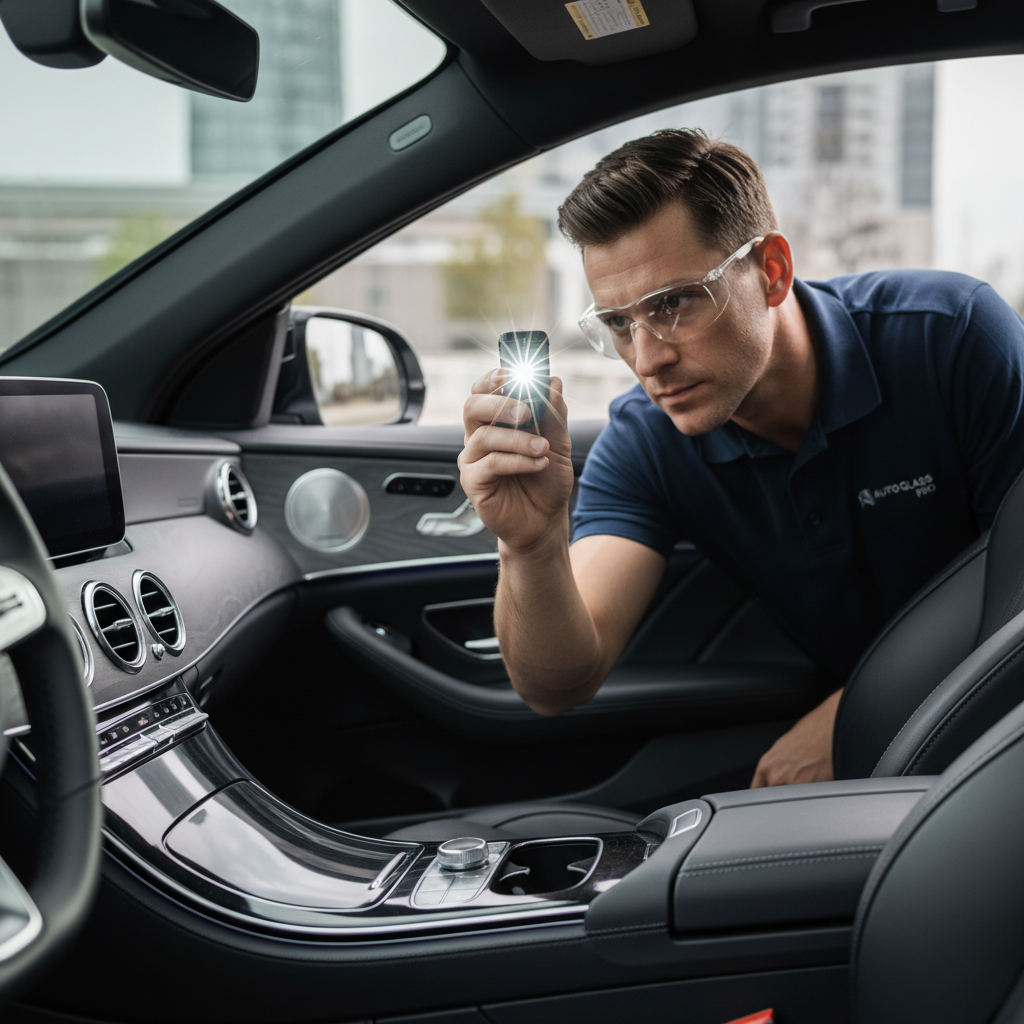 Technician inspecting windshield chip near driver line of sight inside a car