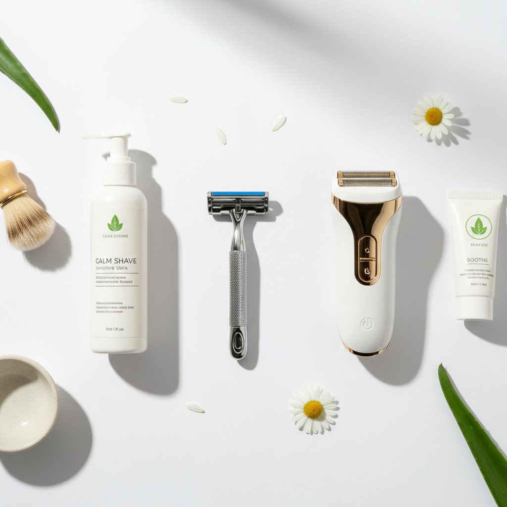 Close-up of shaving tools for sensitive skin: cartridge razor, safety razor, electric shaver