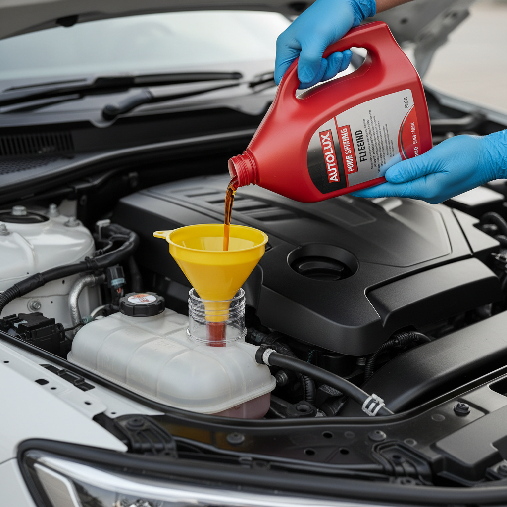 Using a small funnel to add the correct power steering fluid to the reservoir
