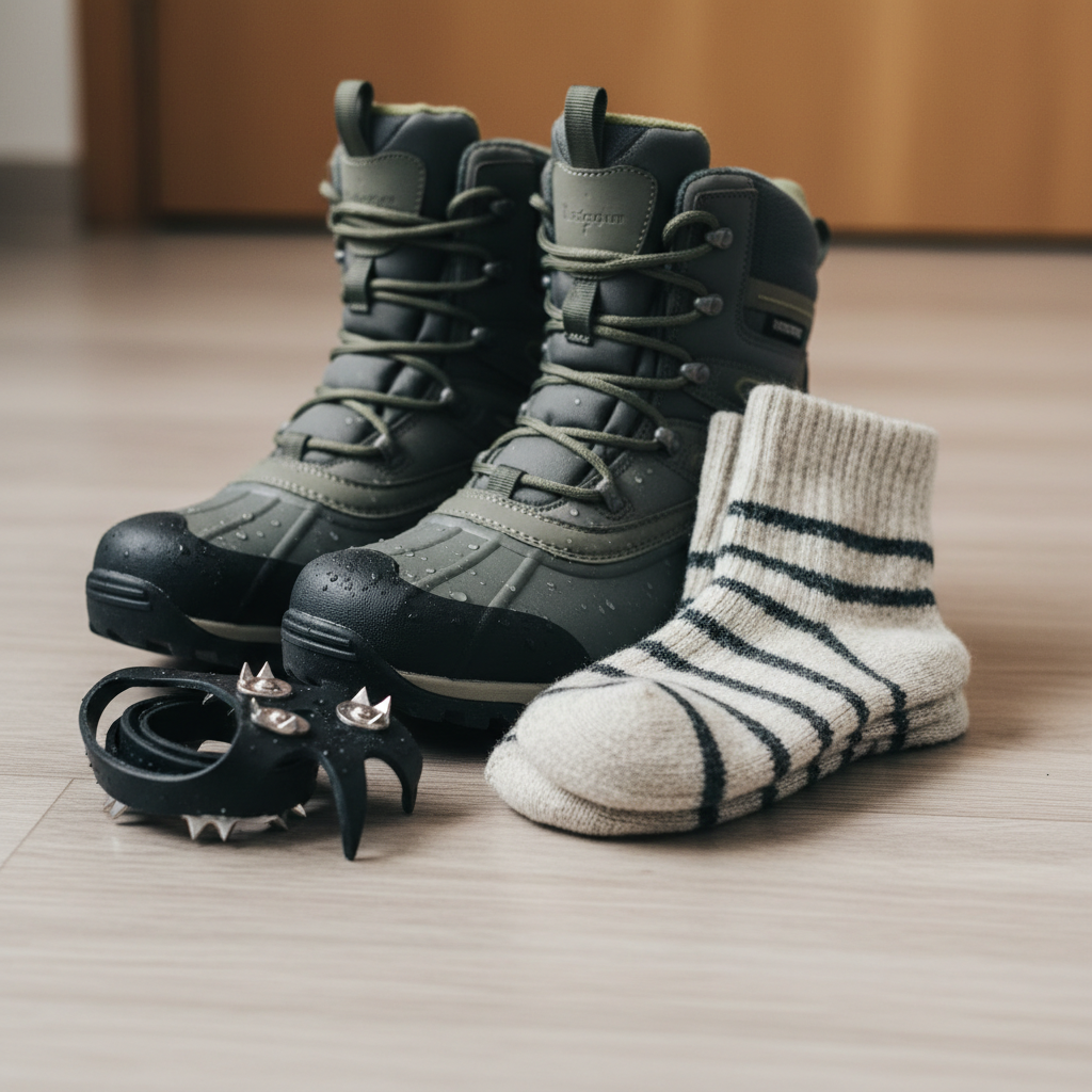 Close-up of waterproof winter boots and wool socks for Norway winter travel