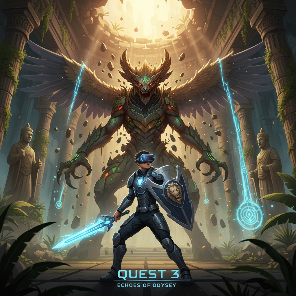 Quest 3 fantasy adventure gameplay vibe with sword combat and epic environments