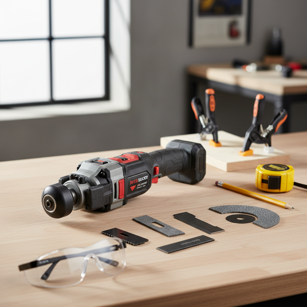 Oscillating tool cutting setup with accessories on a workbench