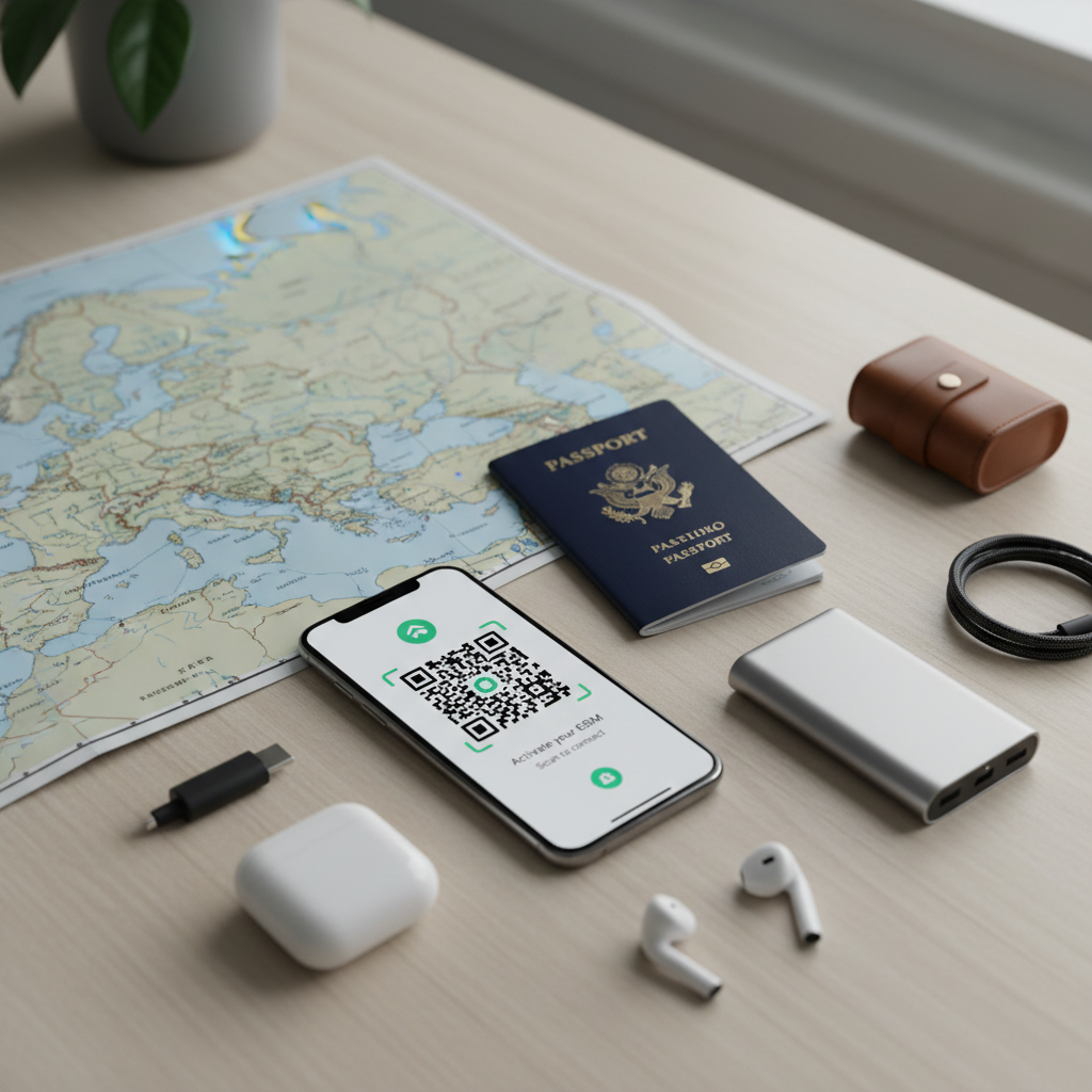 Smartphone showing eSIM QR activation next to Europe map and travel items