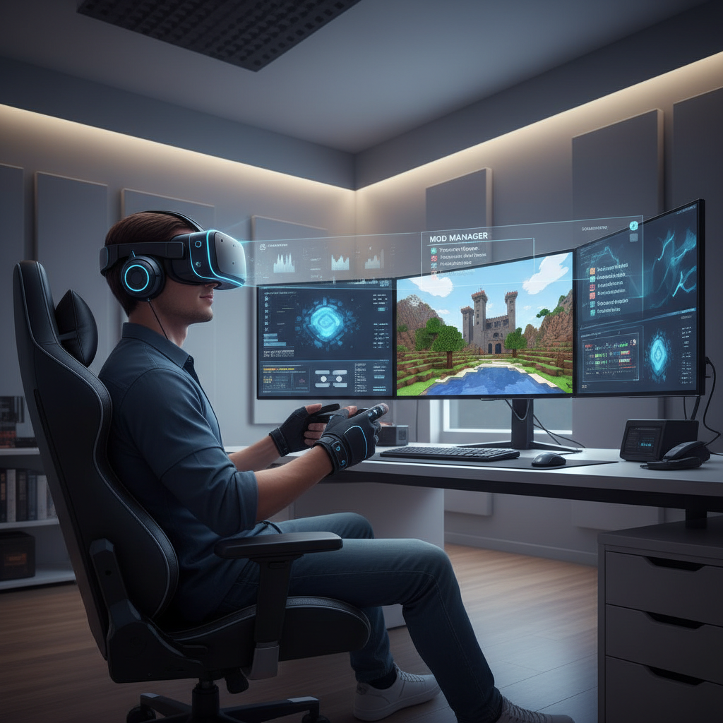 Minecraft VR gameplay on a PCVR headset with mod menu overlay