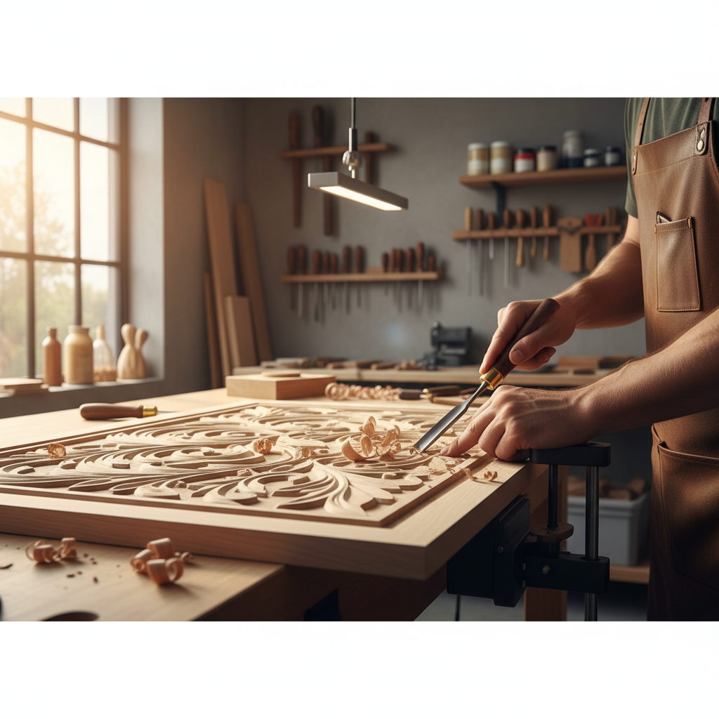 Woodworker carving a relief panel with a palm gouge and bench hook