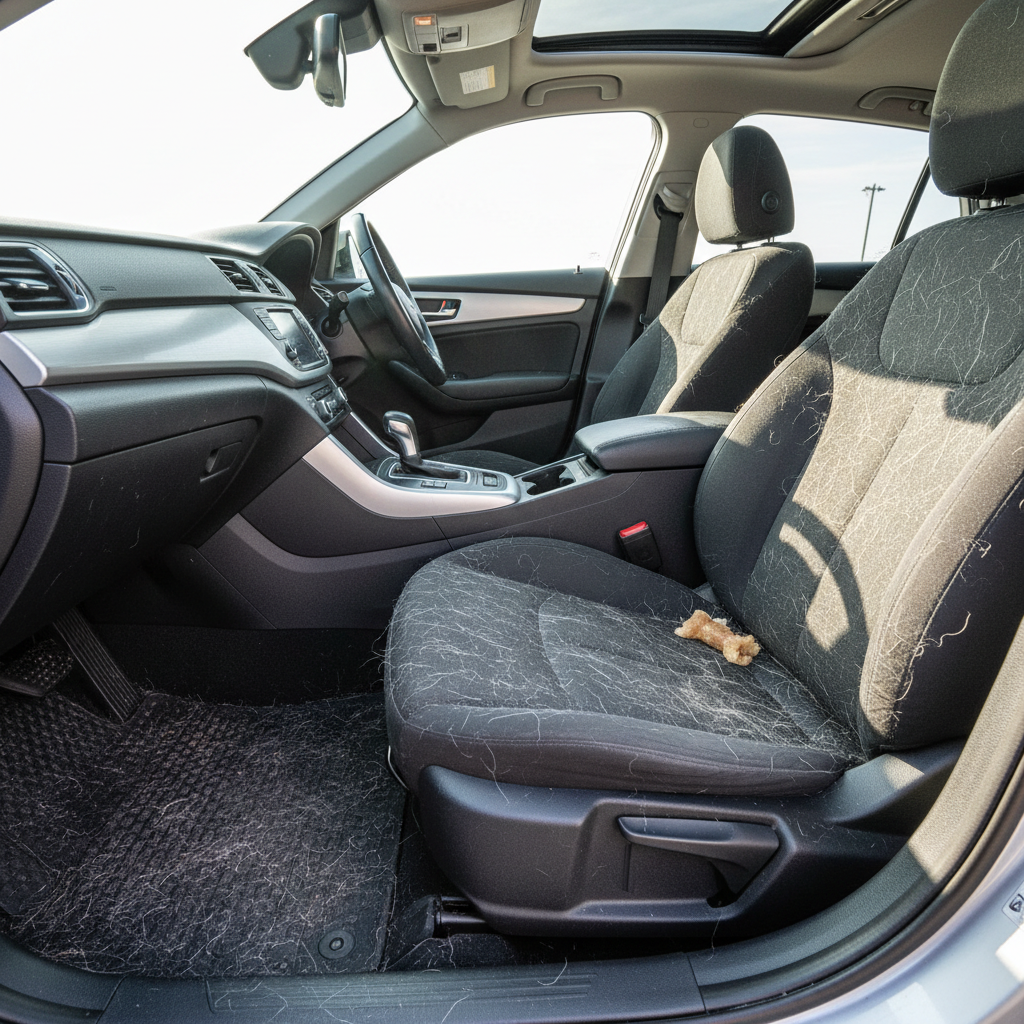 Pet hair stuck in car seat fabric and floor mats
