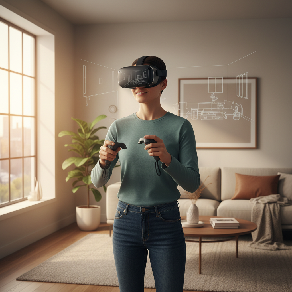 Standalone VR headset used in mixed reality mode in a living room with visible passthrough