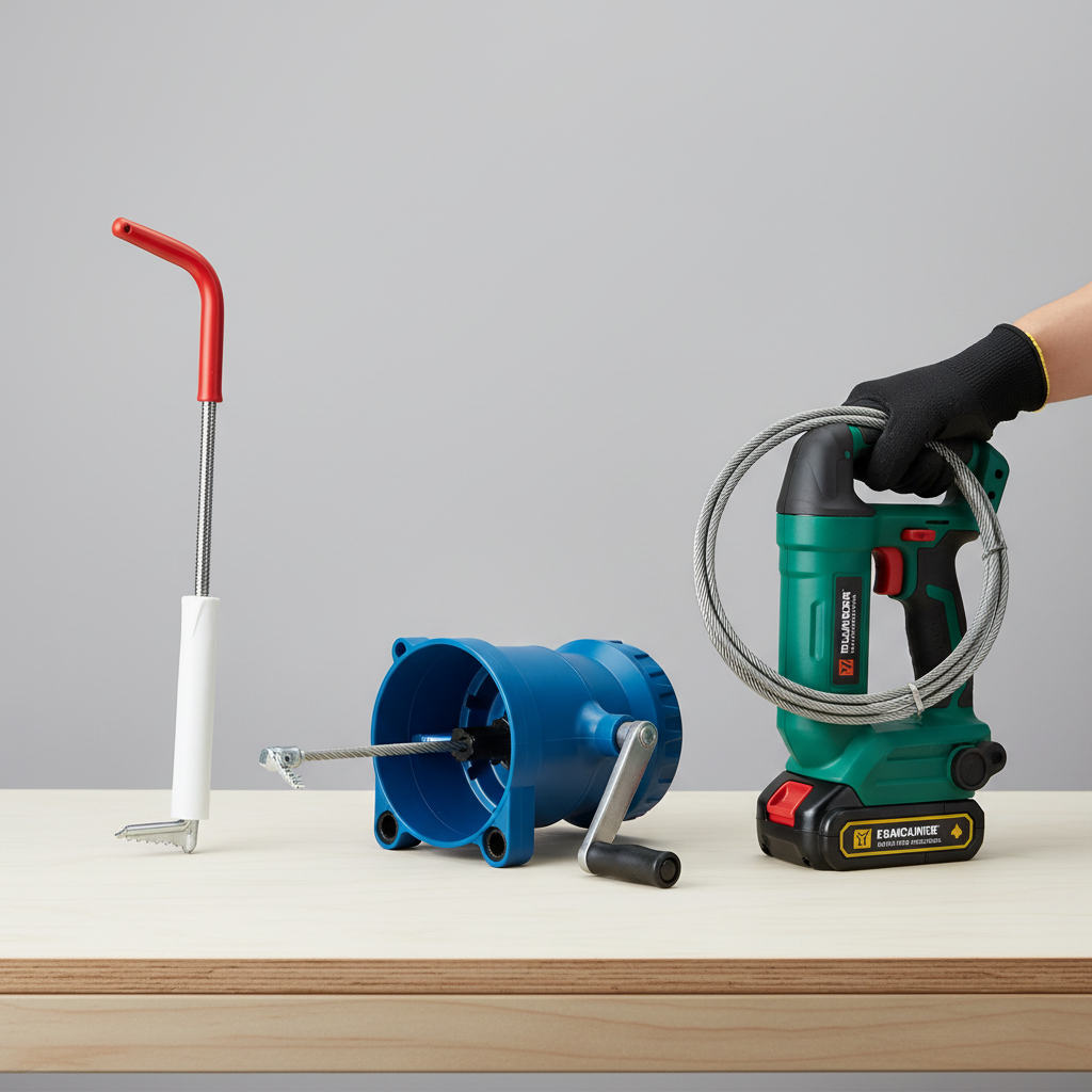 Different types of drain augers: toilet auger, drum auger, and power auger