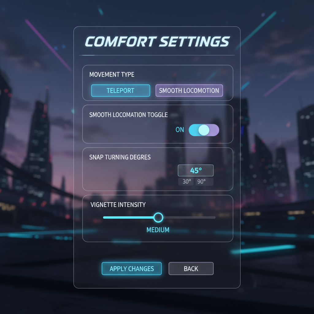 Comfort settings menu in a VR anime-style game showing locomotion and snap turn options